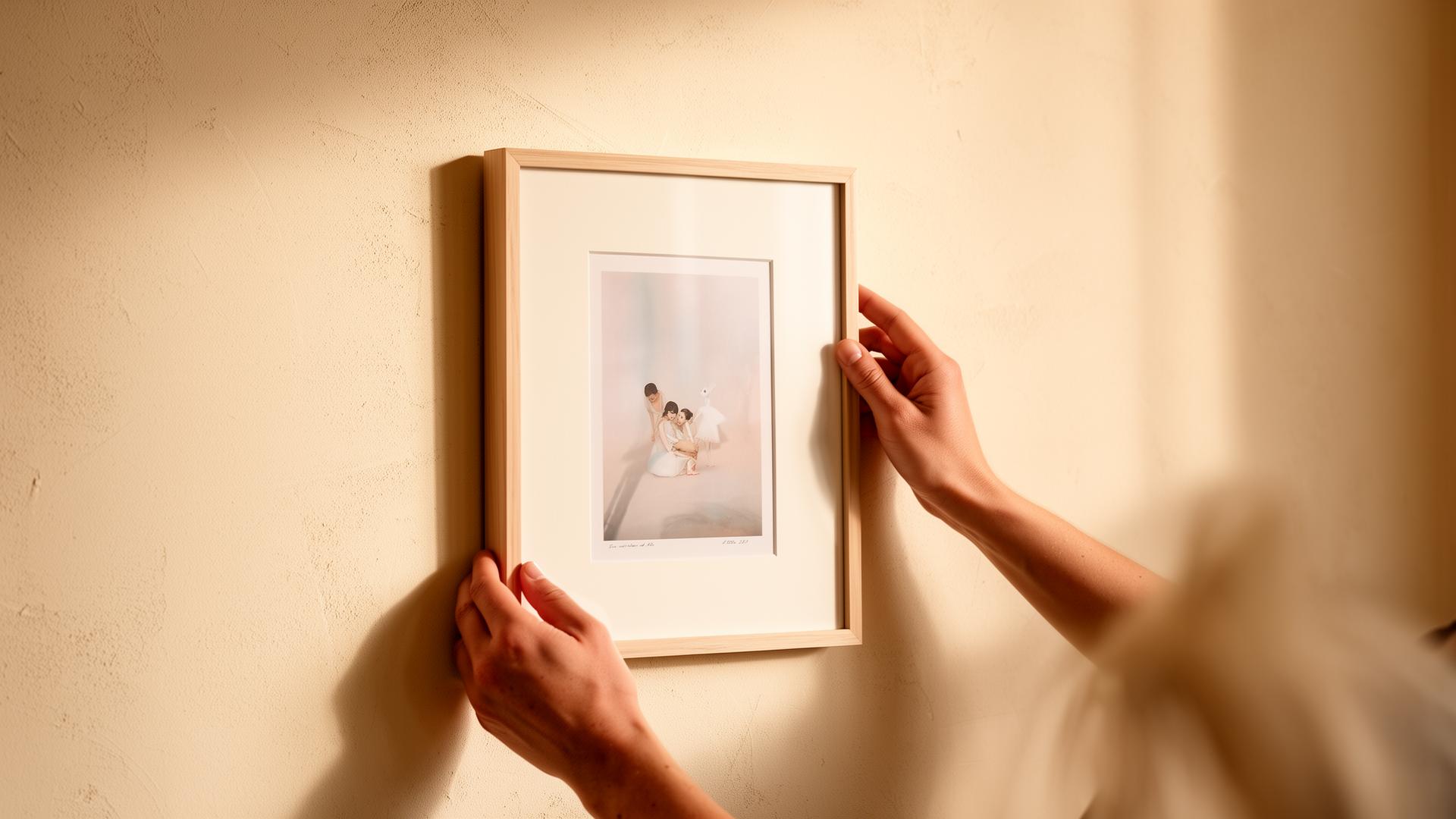 Hands placing a framed print on a warm plaster wall