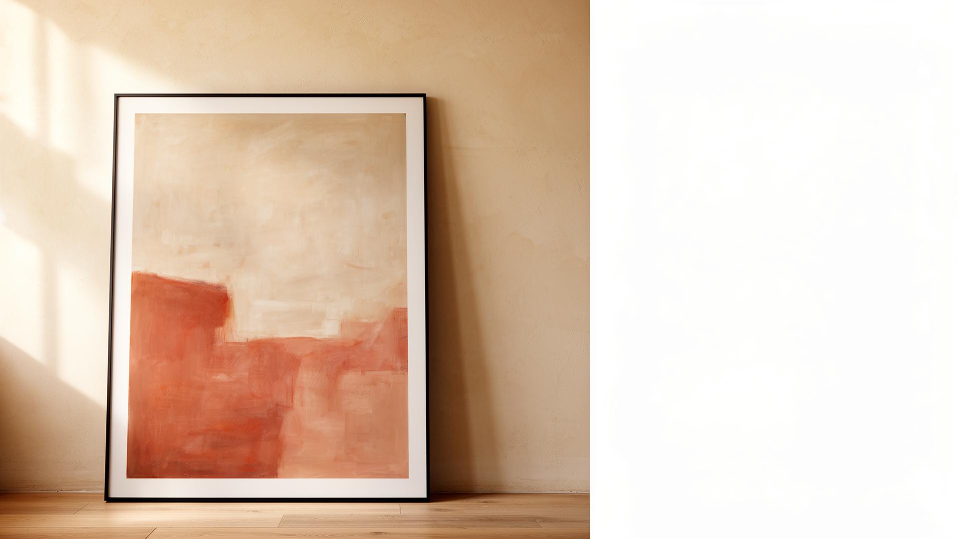 Abstract terracotta print leaning against a warm plaster wall